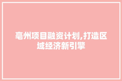 亳州项目融资计划,打造区域经济新引擎