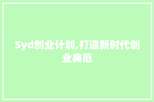 Syd创业计划,打造新时代创业典范
